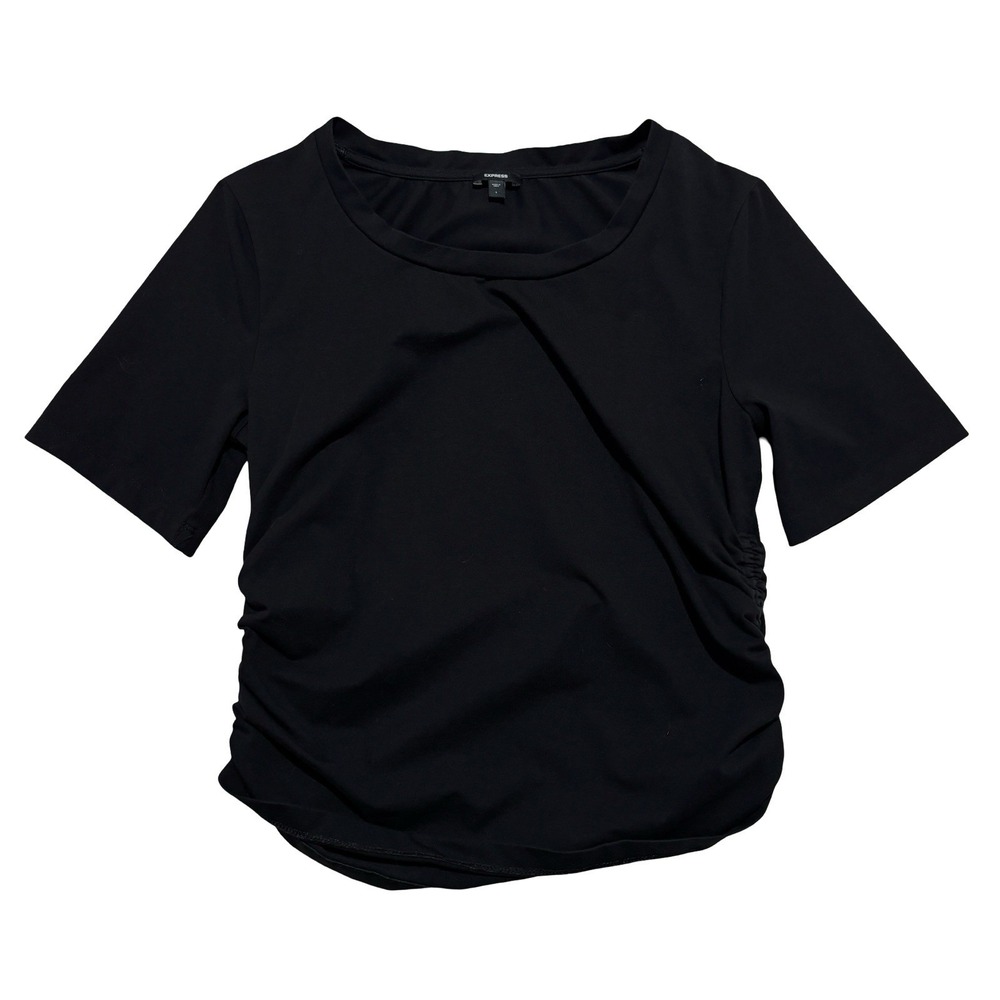 Express Women's Ruched Side Stretch Shirt Short Sleeve Black Size Large 18 x 20